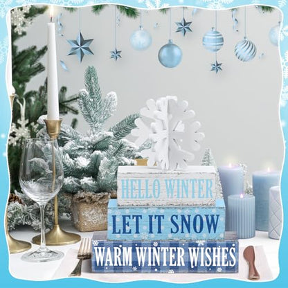 Geelin 4 Pieces Hello Winter Wooden Table Decorations Let It Snow Wooden Signs Rustic Snowflake Tiered Tray Decor Winter Wishes Tabletop Centerpieces for Home Desk Room Kitchen Shelf - style: Snowflake
