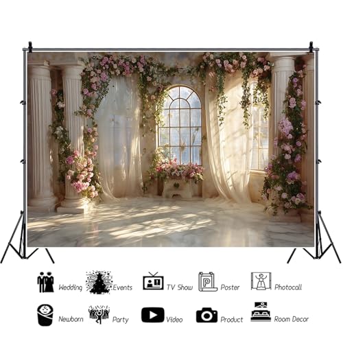 Fantasy Castle Backdrops for Wedding 5x3ft Princess Boudoir House Backdrop Windowsills Roman Column Photography Background Bridal Shower Baby Shower Birthday Banner Backdrop - color: pink and white-2, size: 5x3ft