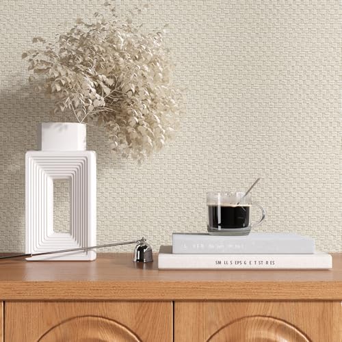 Beige Grasscloth Peel and Stick Wallpaper Textured Grass Cloth Rattan Wallpaper for Furniture Bedroom Cabinet Shelf Liner 15.7"x160" Self Adhesive Linen Woven Wall Paper Basket Contact Paper