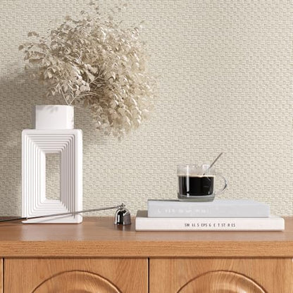 Beige Grasscloth Peel and Stick Wallpaper Textured Grass Cloth Rattan Wallpaper for Furniture Bedroom Cabinet Shelf Liner 15.7"x160" Self Adhesive Linen Woven Wall Paper Basket Contact Paper