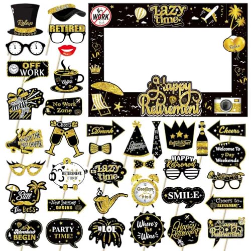 Retirement Party Photo Booth Props Kit - 37pcs Paper Photo Props 1 Frame Glitter Retirement Party Decorations for Retiree Celebration, Farewell Office Party Supplies (Black and Gold) - color: Black and Gold