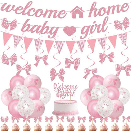 Welcome Home Baby Girl Decorations - 42 Pcs Pink Bow Baby Shower Decoration Banners Hanging Swirls Large Cake Topper Cupcakes Triangle Flag Balloons for Girls Baby Party Photo Props Decor Supplies