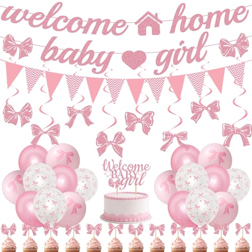 Welcome Home Baby Girl Decorations - 42 Pcs Pink Bow Baby Shower Decoration Banners Hanging Swirls Large Cake Topper Cupcakes Triangle Flag Balloons for Girls Baby Party Photo Props Decor Supplies