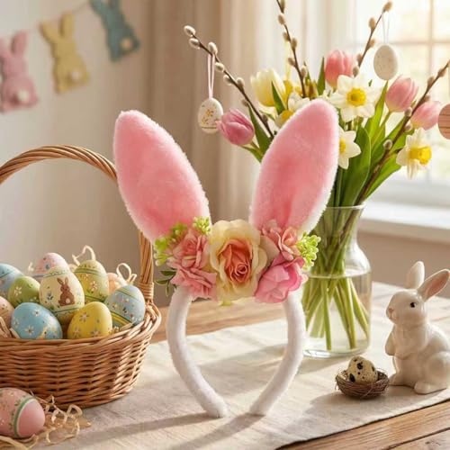 Bubbmi Easter Bunny Ear Headband with Flowers Crown Hairbands Festival Costume Hair Accessories for Women - color: Pinkear1
