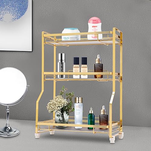 Makeup Organizer 3 Tier Bathroom Counter Organizer Cosmetic Storage Shelf for Dresser Decorative Wire Vanity Organizers Basket with Marbling Glass Tray itchen Spice Rack Standing Shelf - color: Black
