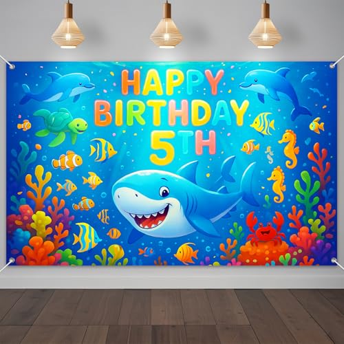 IVN Happy 5th Birthday Backdrop Banner 71x43 Inch Ocean Theme Shark Fifth Birthday Party Decorations Photography Background Photo Booth Props for Boys Girls - color: Happy Birthday 5th