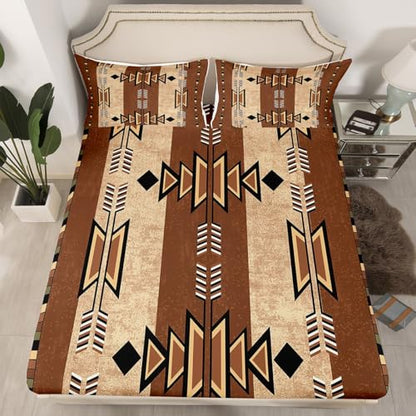 Feelyou Western Ethnic Tribal Sheet Set King Size Kids Wild West Bed Sheets Set for Boys Girls Teens Boho Exotic Sheets with Deep Pocket Fitted Sheet Bohemian Bedding Set Brown Bed Set - color: Brown Black, size: King
