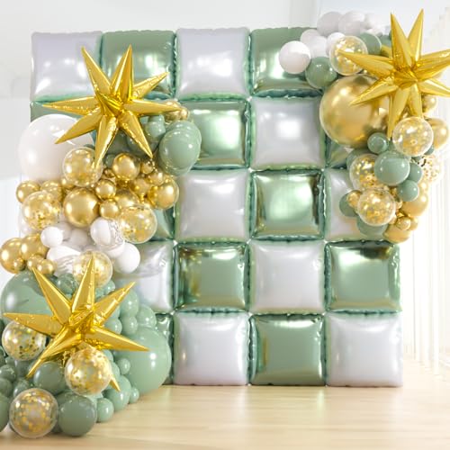 25pcs Green and White Foil Square Balloon Backdrop Wall &149pcs Sage Green Gold White Balloons Arch, Double Sided Balloon Tunnel with for Birthday Baby Shower Graduation Party Decor - color: Sage Green and White