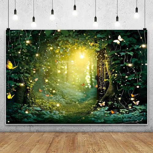 Laeacco Enchanted Forest Backdrop Polyester 8x6FT Fairy Tale Forest Photography Background Wonderland Fireflies Butterfly Newborn Baby Shower Birthday Party Decor Banner Photo Booth Studio Shoot Props - size: 8x6FT-Polyester