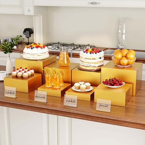 Metal Buffet Risers,4PCS OVERSIZED Food Risers for Buffet Table 8''X9''10''X11'' Display Stand with Mini Acrylic Signs for Catering Dessert Collectibles Jewelry Figures Show Gold Cube Boxes Nesting Risers with Hollow Bottoms - color: Gold, size: Oversized