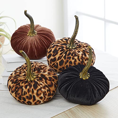 Your Heart's Content Set of 4 Small Velvet Pumpkins, Handmade Home Decor, Holiday Mantle Decor, Fall Halloween Thanksgiving Centerpiece, Rustic Fall Wedding Centerpiece (2 Leopard, Bronze, Black) - color: 2 Leopard, Bronze, Black