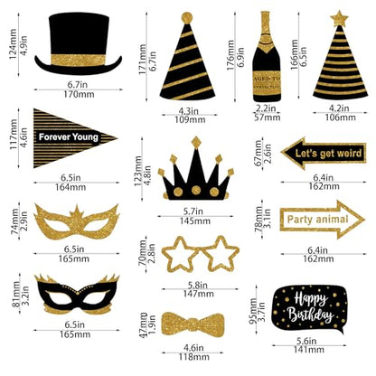 30 Pcs Gold and Black Birthday Photo Booth Props Kit, Happy Birthday Decorations, Funny Selfie Photo Props for 40th 50th 60th Birthday Graduation Wedding Party Supplies - style: Party Birthday Props-Gold