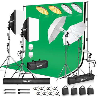 EMART Photography Lighting Kit, Softbox Lighting Kit with Background and Umbrella, 3 Color Green/White/Black Screen Backdrop Stand,Photo Studio Equipment for Video Shoot or Product Photography