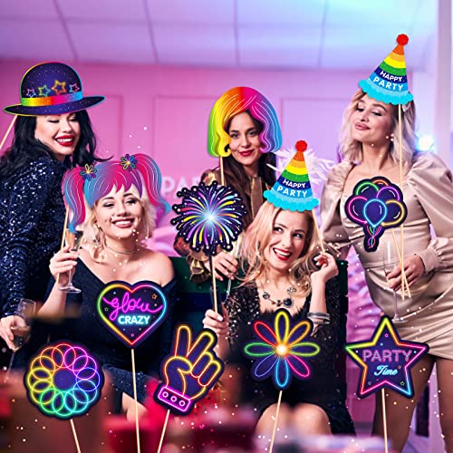 25pcs Glow Neon Photo Booth Props with Stick, Photo Props for Birthday Let's Glow Themed Neon Glow in The Dark Disco Black Light Party Decoration Supplies