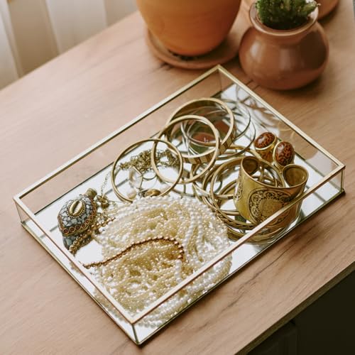 HighFree Rectangle Gold Mirror Tray, Decorative Glass Mirrored Vanity Tray for Perfume, Cosmetics, Makeup, Trinket, Jewelry (11.8x7.9x2) - size: 11.8" x 7.9" x 2"