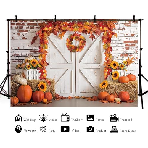 MEHOFOND 7x5ft Fall Thanksgiving Photography Backdrop Autumn Rustic Barn Wooden Door Brick Wall Background Pumpkin Maple Wreath Haystack Sunflower Harvest Party Decorations for Portrait Photo Props - size: 7x5ft