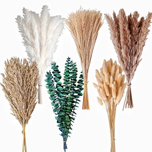 110 PCS of Boho Pampas Grass Decor, Naturally Dried Pompas, Bunny Tails Dried Flowers, and dried eucalyptus. Perfect for Weddings, Boho Party Decorations, and Table Decor. - size: 110PCS 14-17inch Mixed