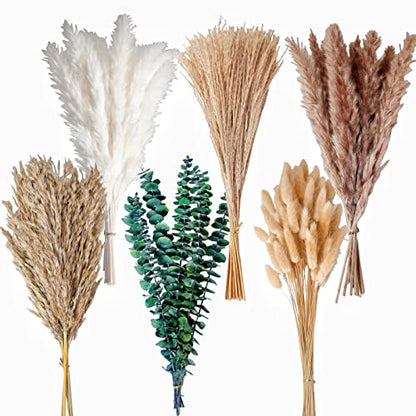 110 PCS of Boho Pampas Grass Decor, Naturally Dried Pompas, Bunny Tails Dried Flowers, and dried eucalyptus. Perfect for Weddings, Boho Party Decorations, and Table Decor. - size: 110PCS 14-17inch Mixed