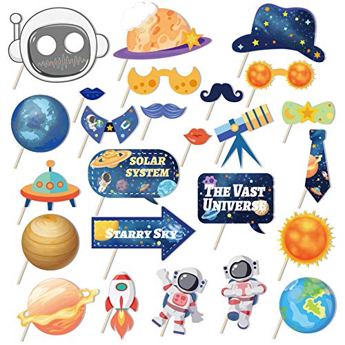 25Pcs Outer Space Party Photo Booth Props, Galaxy Selfie Props Astronaut & Planet Prop Outer Planet Birthday Party Supplies for Galaxy Astronaut Photography Backdrop Decor