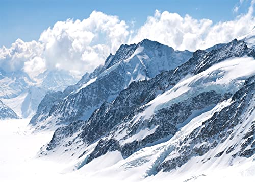 BELECO 5x4ft Fabric Winter Snow Mountain Photography Backdrop Swiss Alps Great Aletsch Glacier Blue Sky White Clouds Background Outdoor Adventure Ski Mountain Party Decorations Portrait Photo Props