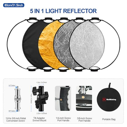 WELLMAKING 32 Inch (80cm) Reflector Photography, Collapsible Light Reflector with Bag & tilt Adapter, 5 in 1 Handle Reflector for Studio & Outdoor Lighting -Translucent, Silver, Gold, White and Black - size: 32 Inch (80cm)