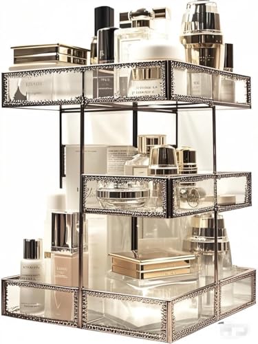 360 Rotating Glass Makeup Organizer, Spinning Vanity Cosmetic Storage with Multi-Layer Compartments, Luxury Countertop Rotating Makeup Holder for Skincare, Perfume, Cosmetics - color: Brass