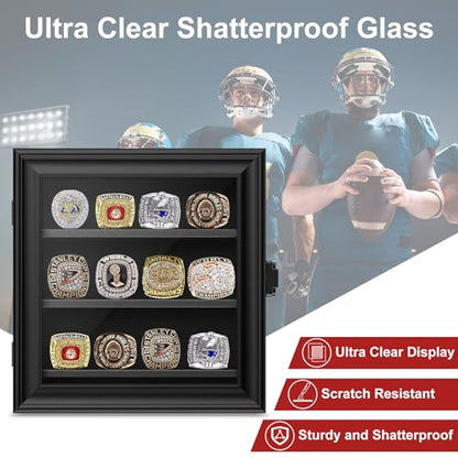 Championship Ring Display Case, 12 Ring Posts Baseball Ring Holder, Wall Mount Wooden Shadow Box for Multiple Championship Rings - size: 12 Posts-Rectangle