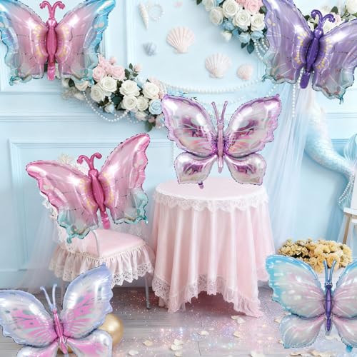 6 Pcs Butterfly Balloons Foil, Large Pastel Pink Purple Foil Balloon Gradient Butterflies Balloons Helium for Butterfly Themed Wedding Birthday Spring Garden Baby Shower Party Decorations - style: Butterfly