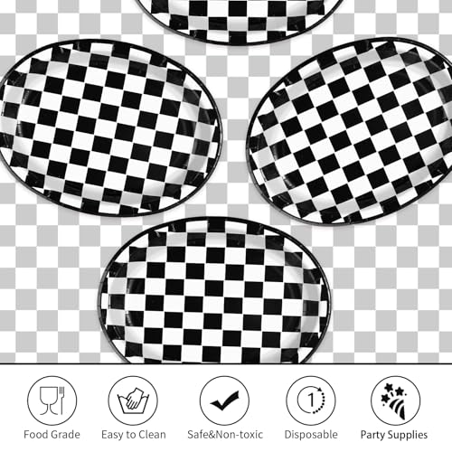 50Pcs Black and White Checkered Oval Paper Plates Race Car Party Plates 10" X 12" Disposable 400GSM Gingham Dessert Dinnerware for Racing Car Party Supplies Birthday Baby Shower BBQ Decorations - style: Black White Gingham Oval Kit