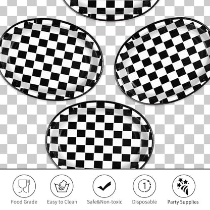 50Pcs Black and White Checkered Oval Paper Plates Race Car Party Plates 10" X 12" Disposable 400GSM Gingham Dessert Dinnerware for Racing Car Party Supplies Birthday Baby Shower BBQ Decorations - style: Black White Gingham Oval Kit