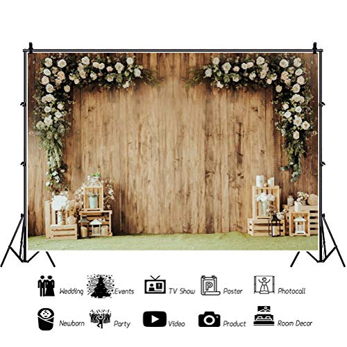 5x3ft Polyester Wedding Backdrop Rustic Floral Flower Wood Wall Backdrop Bridal Shower Reception Ceremony Photography Background Wedding Proposal Party Kids Birthday Party YouTube Photo Prop - size: 5x3ft-Polyester