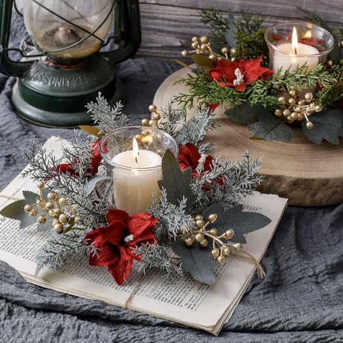 Christmas Candle Ring Kitchen Cabinet Wreath Xmas Table Centerpieces 9.8" Mini Rings Wreaths Candle Holder for Pillars Rustic Home Decor