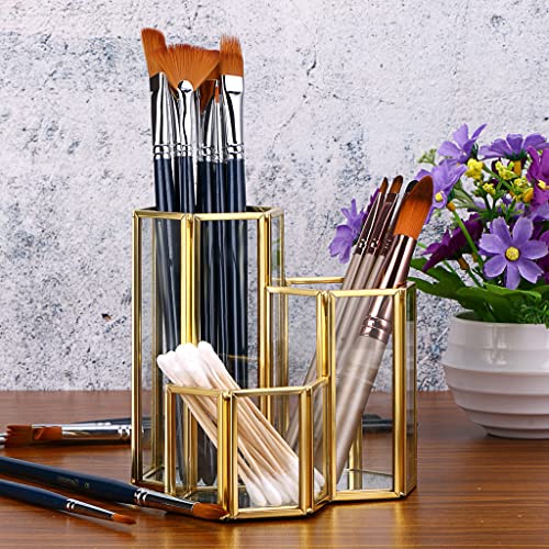 Hipiwe 3 Slots Glass Makeup Brush Holder - Gold Hexagon Cosmetics Brush Eyeliners Display Cup Home Decorative Makeup Organizer Desktop Pen/Pencil Pot Holder for Office - style: 3-Slot Hexagon,Gold