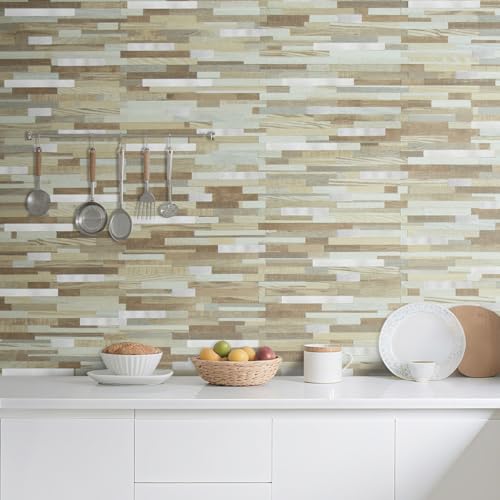 AULIGET 2 Sheets Beige & Brown Wood Peel and Stick Backsplash, PVC Mixed Metal Silver Wall Tile Stick on Backsplash for Kitchen and Bathroom - color: Beige & Brown Wood + Metal Silver, size: 2 Sheets, 6"x12"x0.12"