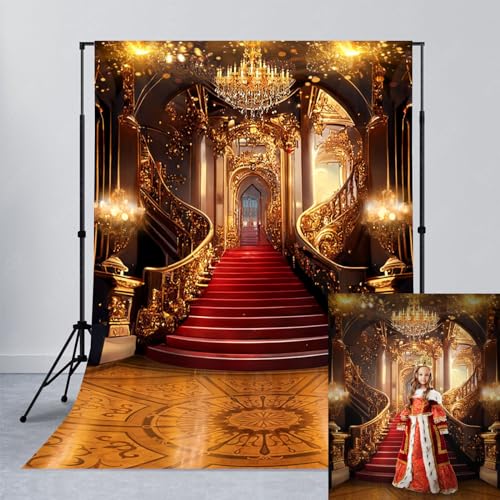 Avezano Red Carpet Backdrop Golden Palace Backdrop Gorgeous European Castle Background for Photography Wedding Birthday Ceremony Night Stage Prom Party Video Props 5x7ft - size: 5x7ft
