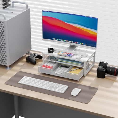 gianotter Computer Monitor Stand Riser, office organizer with Drawer, Office Organizers Storage for Classroom Office Supplies (White) - color: White