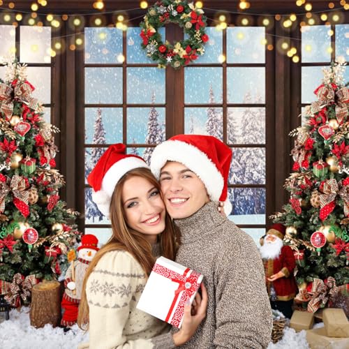 Christmas Backdrop Xmas Tree Santa Claus Window View Photo Background for Christmas and Happy New Year Eve Celebration Party Banner Photography Studio Props (10x6.5ft, Polyester) - size: 10x6.5ft-Polyester