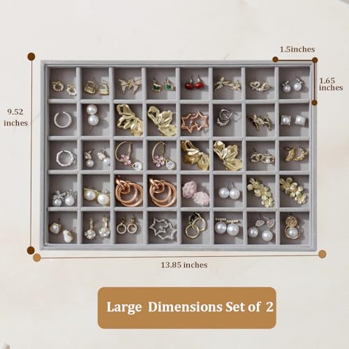 Large Velvet Jewelry Tray 2 Pack Stackable Jewelry Display Drawer Inserts Trays Organizer for Earring Bracelet Necklace Ring (Gray, 40 Grids) - color: Gray, size: 40 Grids