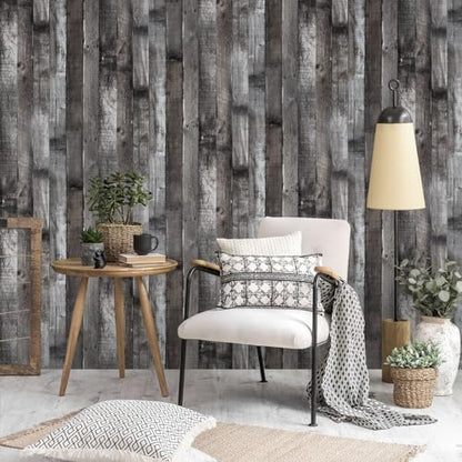 Peel and Stick Wood Wallpaper Grey/Black Vinyl 17.3"×200" Contact Paper Self Adhesive Thick Waterproof Self Adhesive for Cabinets liveroom - color: Grey/Black, size: 17.3" x 200"
