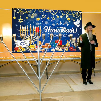 Lucleag Happy Hanukkah Backdrop Banner, 71 x 43 Inch Menorah Blue Shiny Lamps Chanukah Party Background for Hanukkah Decorations, Banner Photography Backdrop for Hanukkah Party Supplies