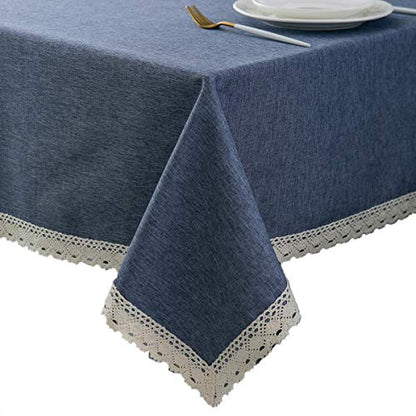 EHouseHome Faux Linen Tablecloth with Lace Trim - Waterproof/Spill Proof/Stain Resistant/Wrinkle Free/Oil Proof - for Banquet, Parties,Dinner,Kitchen,Wedding,Holiday,Denim Blue Square 52X52Inch - color: Denim Blue, size: 52" x 52" (Square)