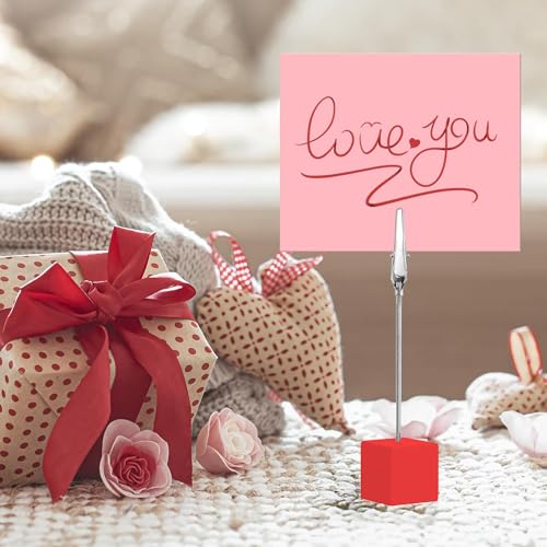 24PCS Wooden Cube Memo Holders with Alligator Clips Table Number Stands, Base Memo Clip Holder Photo and Card Display Clips for Wedding, Event, Office Desk Use (Red) - color: Red