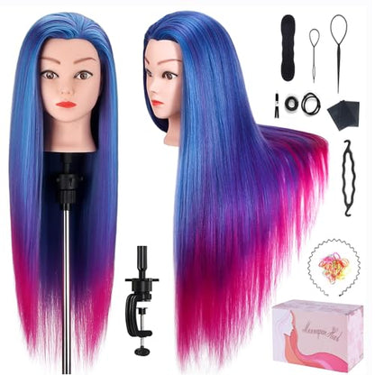 Beauty Star 29 Inches 100% Synthetic Fiber Hair Training Head Cosmetology Hairdressing Mannequin Manikin Doll Head with Table Clamp Holder & DIY Hair Braid Set - color: Blue & Purple