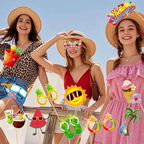 Hello Summer Photo Booth Props - Hello Summer Party Decorations for Tropical Hawaiian Theme Summer Beach Party Photo Booth Props