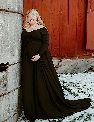 Saslax Maternity Off Shoulders Half Circle Gown for Baby Shower Photo Props Dress - color: N-black 11, size: Medium