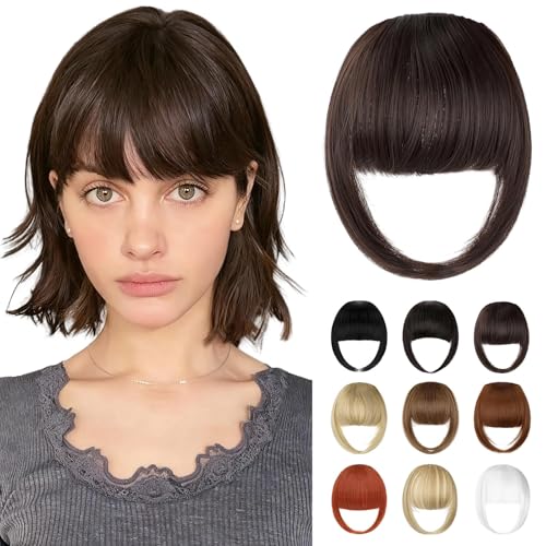 Bangs Hair Clip in Bangs, French Medium Brown Fake Bangs Hair Clip on Bangs for Women Fringe with Temples Hairpieces Faux Bangs for Daily Wear - color: Medium Brown