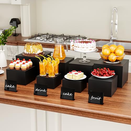 Metal Buffet Risers,4PCS Food Risers for Buffet Table 5in to 8in Display Stand with Mini Acrylic Signs for Catering Dessert Collectibles Jewelry Figures Show Matte Black Cube Boxes Nesting Risers with Hollow Bottoms - color: Matte Black, size: Regular(5IN
