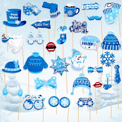 31 PCS Snowflake Photo Booth Props Winter Snowman Photo Props Winter Wonderland Party Decorations for Xmas Holiday Party Christmas Party Supplies Favors