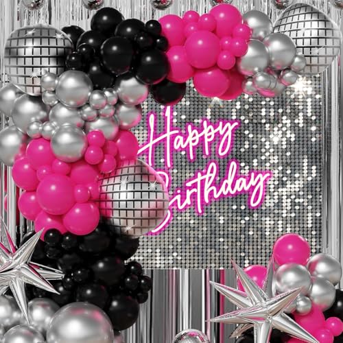 Withu Silver Sequins Pink Neon Happy Birthday Backdrop for Photography Shining Flash Stars Shimmer Wall Decoration Banner Princess Girls Women Bday Party Background 8x6ft - size: 8x6ft