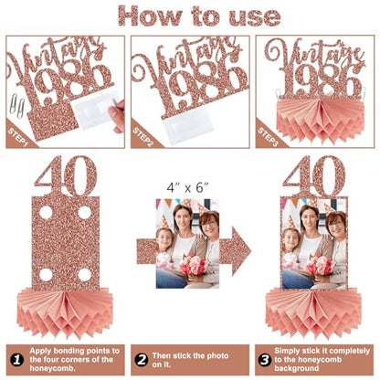 Guiruiy 8Pcs Happy 40th Birthday Decorations Honeycomb Centerpieces for Women, Pink Rose Gold Glitter Hello 1986 40 Birthday Photo Table Centerpieces Party Supplies, Pink Forty Bday Photo Table Topper - style: Rose Gold 40th